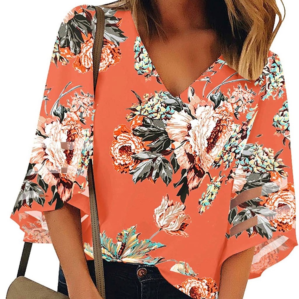 Women's V Neck Shirt Printed Top 3/4 Bell Sleeve Mesh Panel Blouse